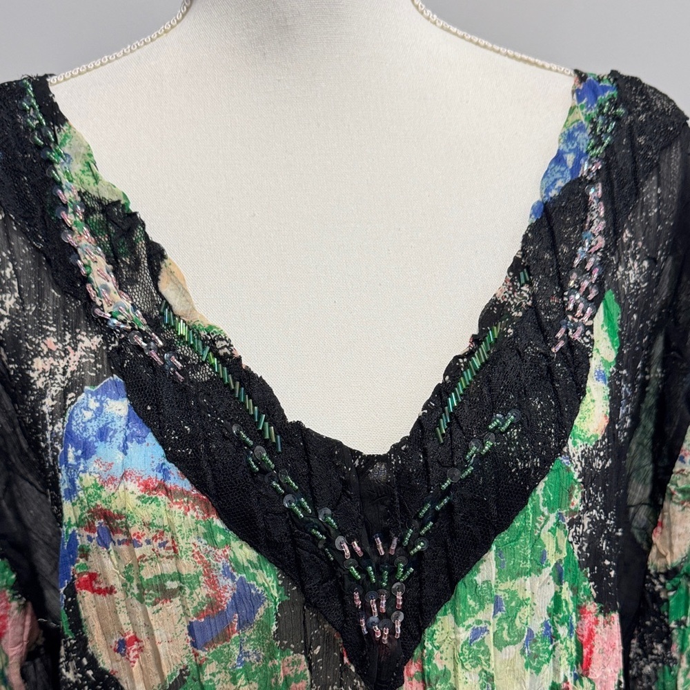 Alberto Makali Black Multicolor Abstract V-Neck Blouse Sz L - Picture 2 of 8